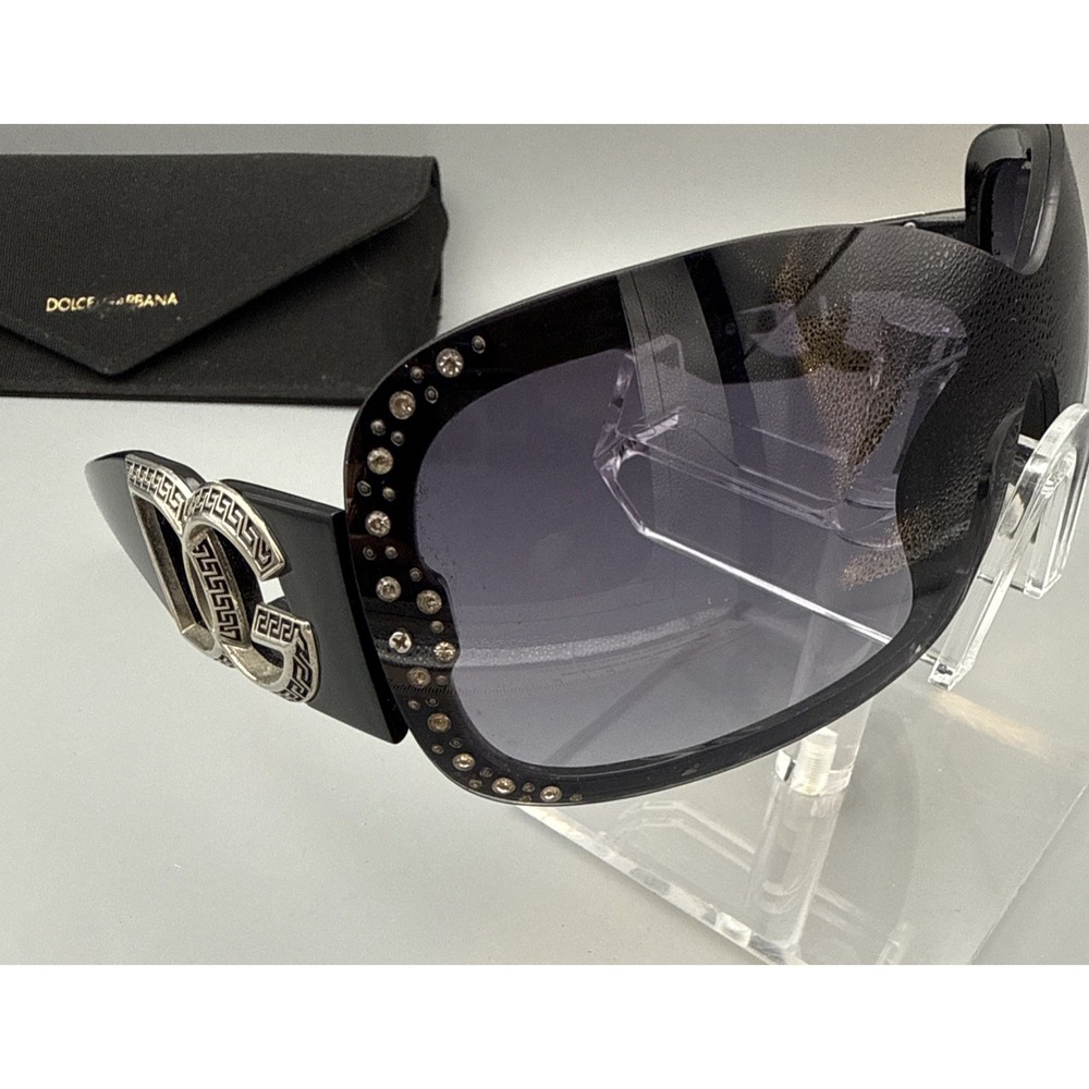 Vintage Y2K Black GlamourOversized Logo Sunglasses Rhinestone Purple Lens & Case